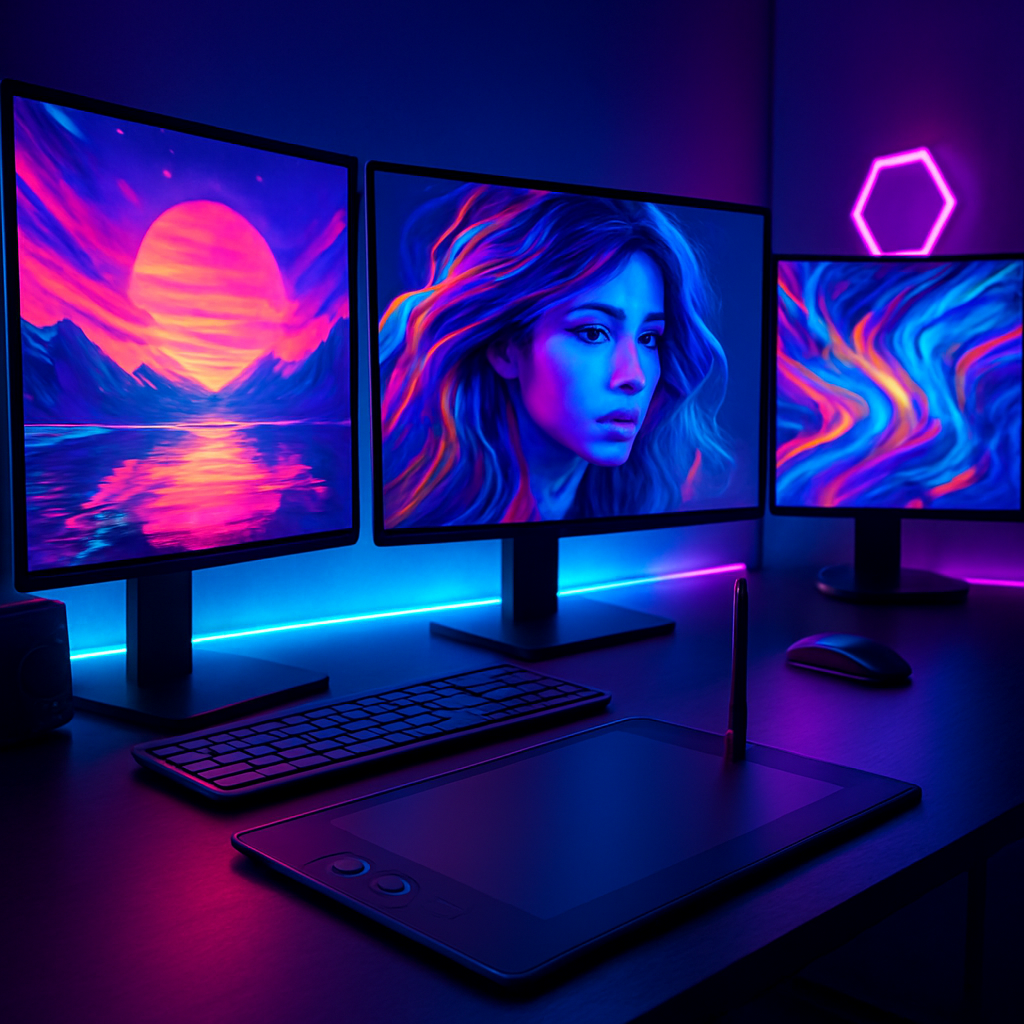 L'espace de création de Yuki, entre écrans et lumières